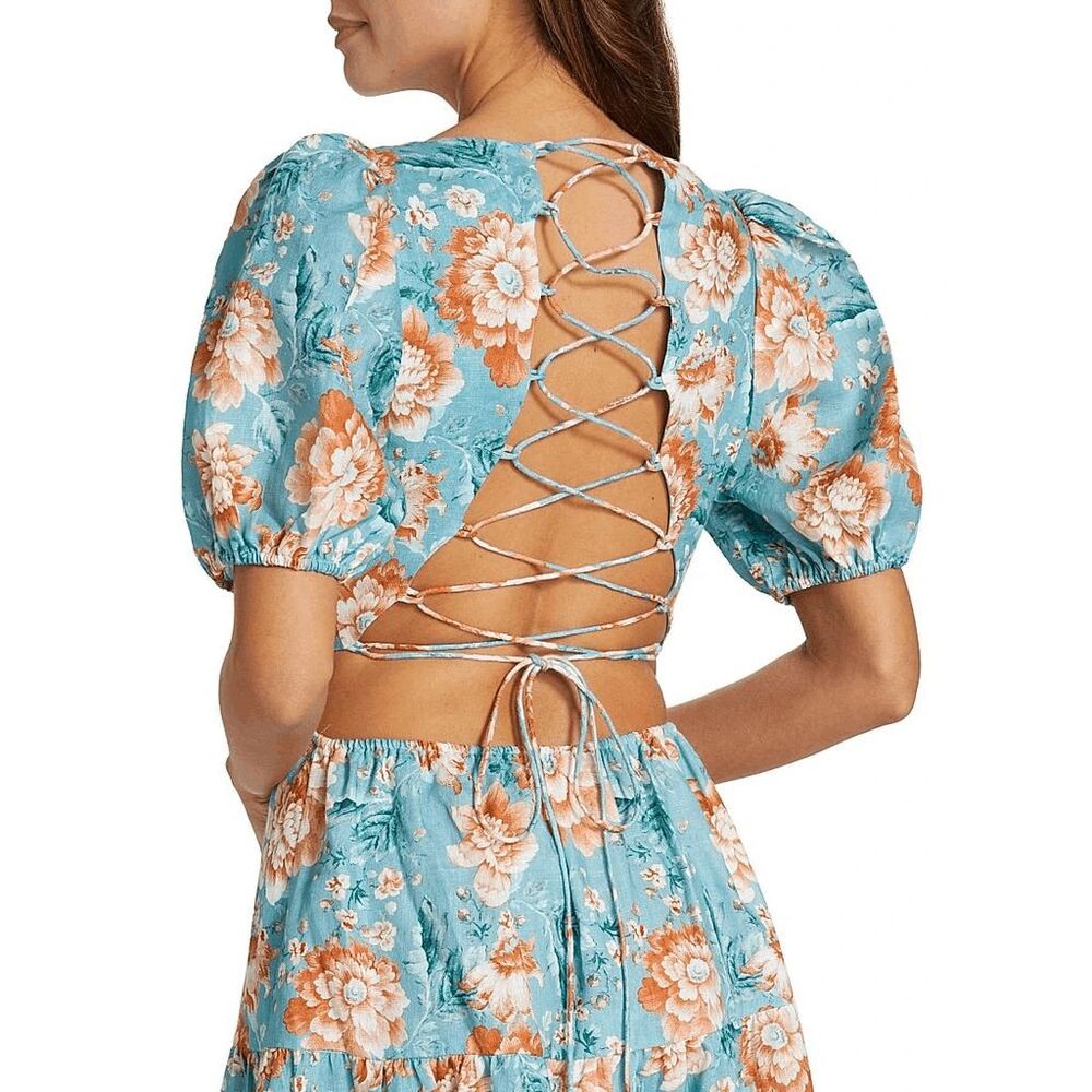 Kivari Josette Lace-Up Back Midi-Dress in Blue Floral Size US 4 $349 - Picture 5 of 14